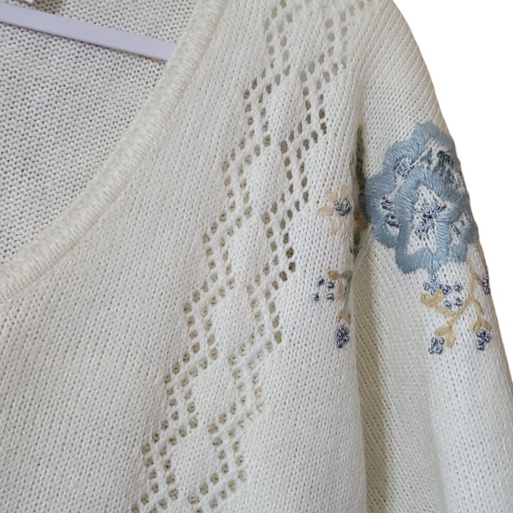 Vtg Jantzen Classics Ivory Floral Hand Embroidered Sweater M V-Neck Grandma - Picture 10 of 11